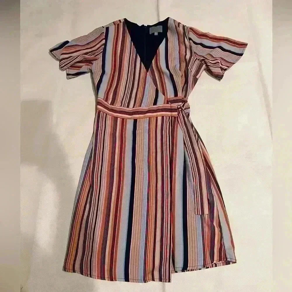 SKIES ARE BLUE Womens‎ Medium Multicolor Vertical Striped Wrap Dress 6 Y2K